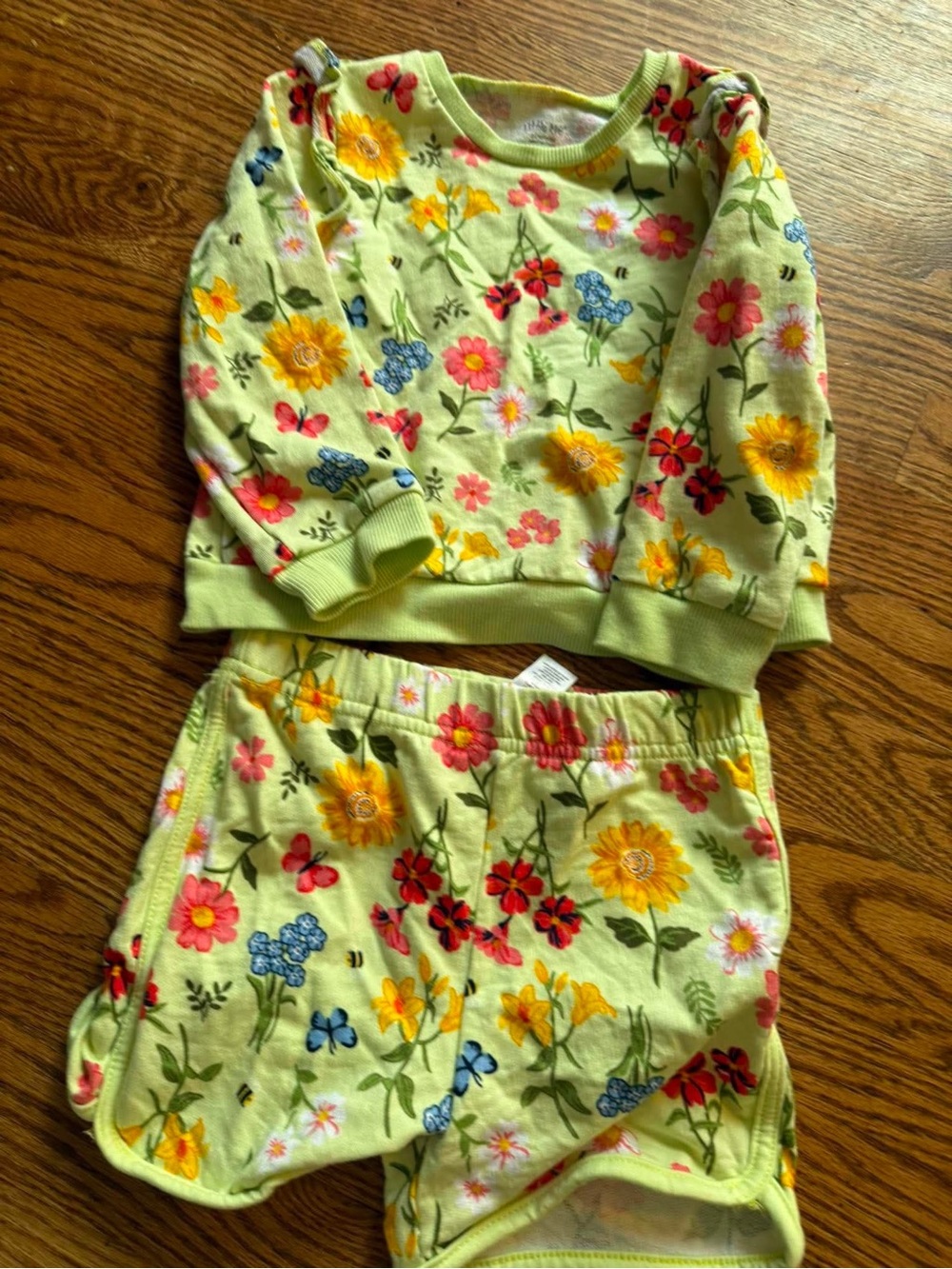 Little Me Light Green Floral Pajama Set with Yellow Pink Blue Flowers